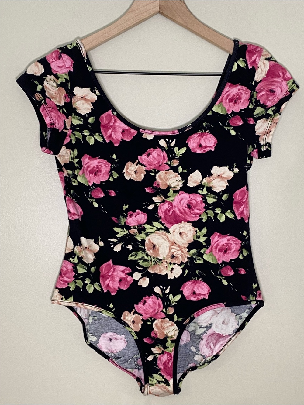 Romantic Coquette Whimsigoth Pink Floral Rose Short Sleeve Bodysuit Large
